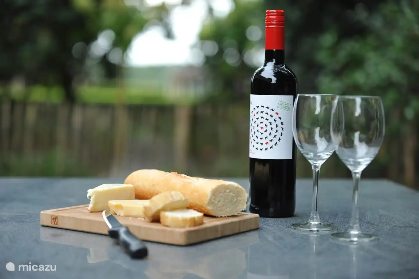 Im Garten eine schöne Terrasse mit Blick auf die gegenüberliegende Wiese.