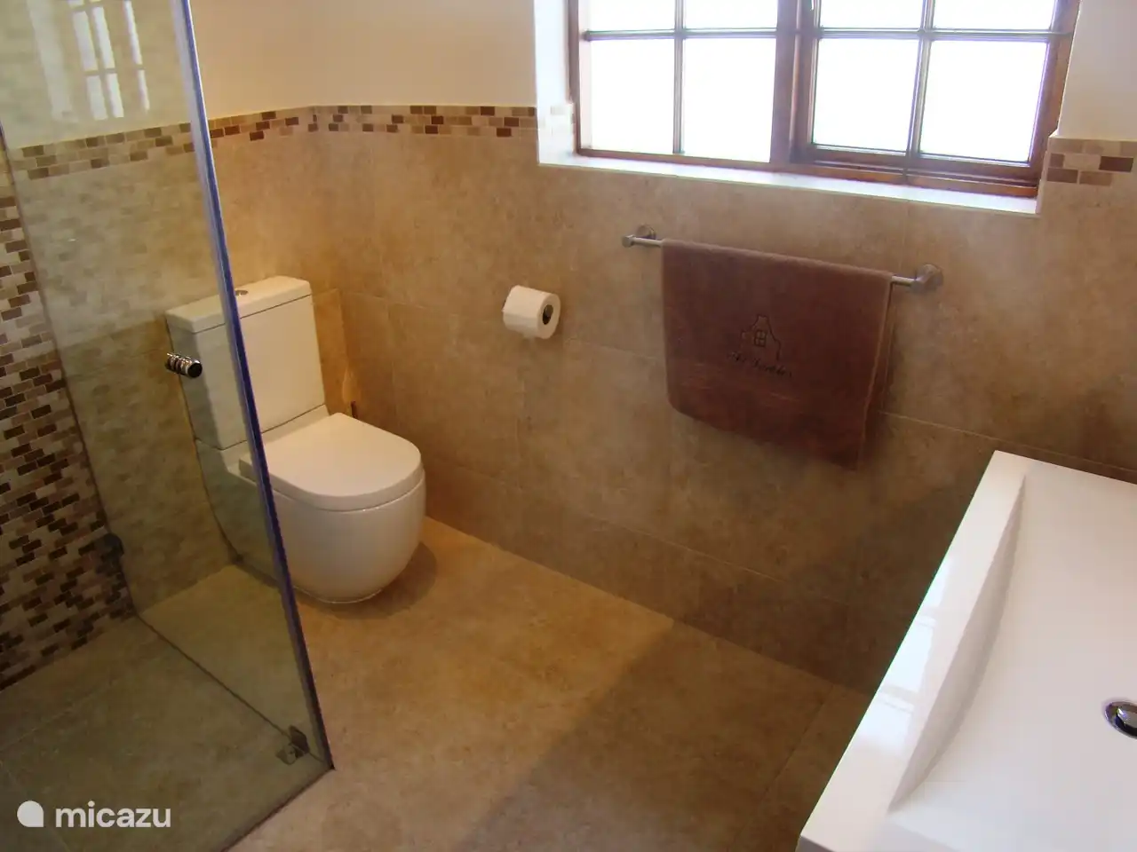 Salle d'eau au rez-de-chaussée avec douche à l'italienne, grand lavabo et toilettes.