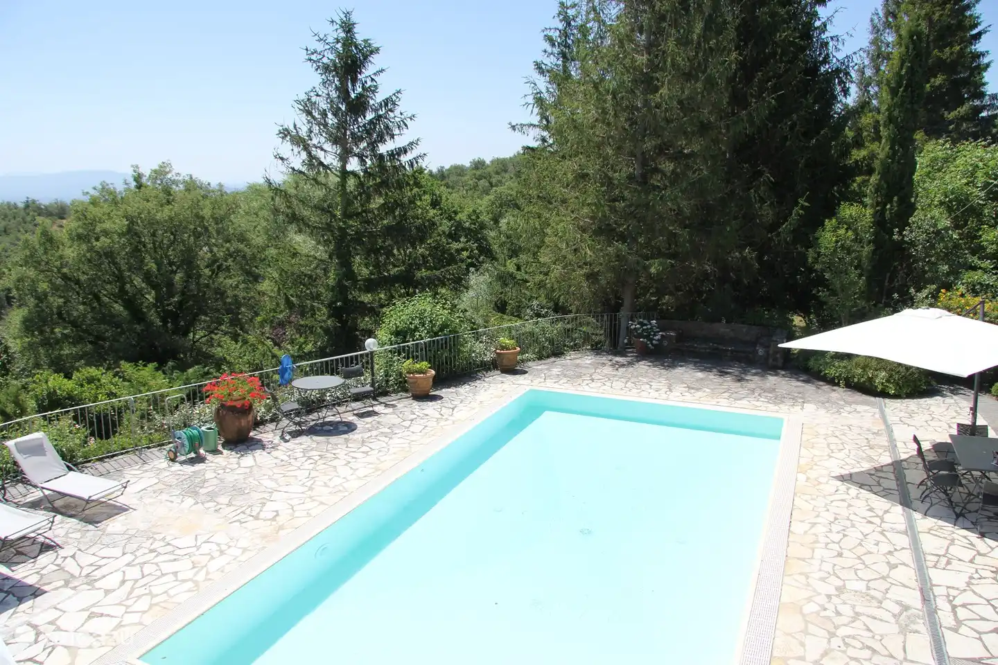 Der Bereich um den Pool ist von viel Grün und Natur umgeben