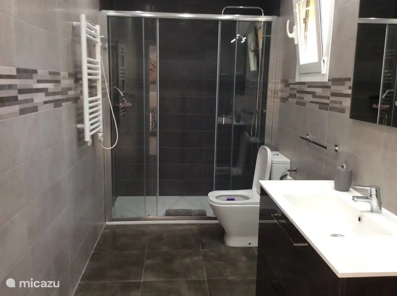 Modernes Badezimmer mit eigener Regendusche mit geräumigem grauem Zimmer.