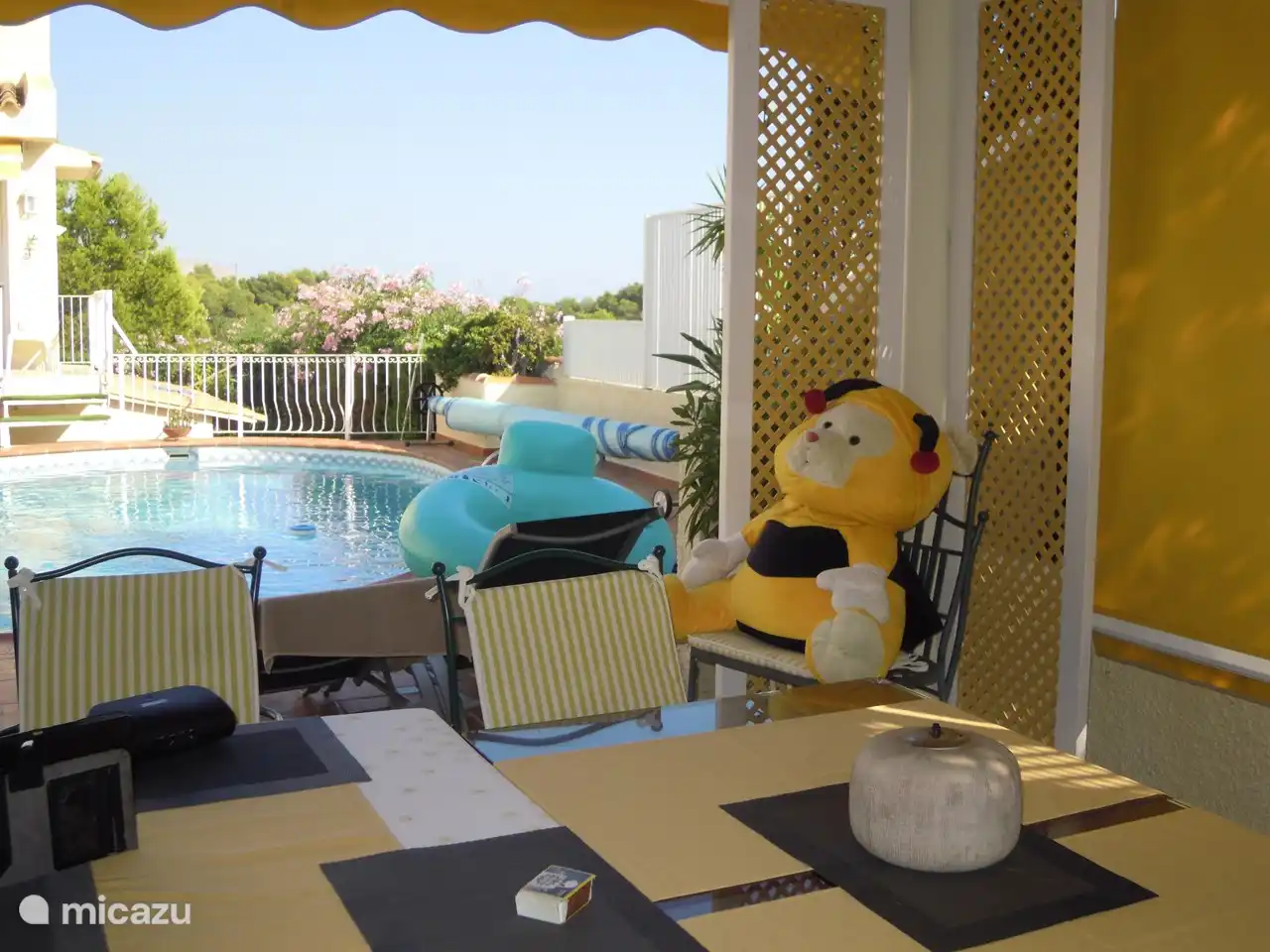 Blick auf den Swimmingpool von der überdachten Sommerküche.