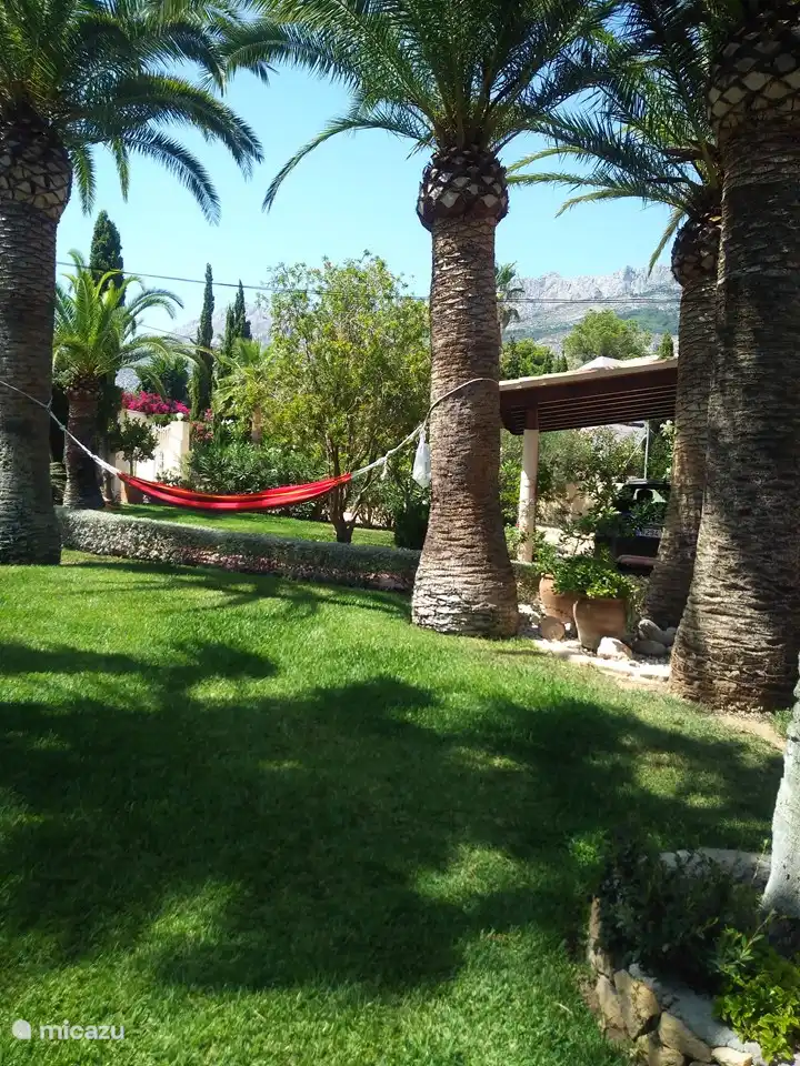 Blick auf einen Teil des Gartens und des Carports. In der Ferne Berg Bernia. Sie können den Bernia besteigen, wunderschön. Sie lassen das Auto oben auf einem Parkplatz stehen.