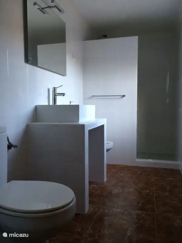 La salle de bain entièrement reconstruite avec toilettes, bidet, lavabo et magnifique douche à l'italienne.