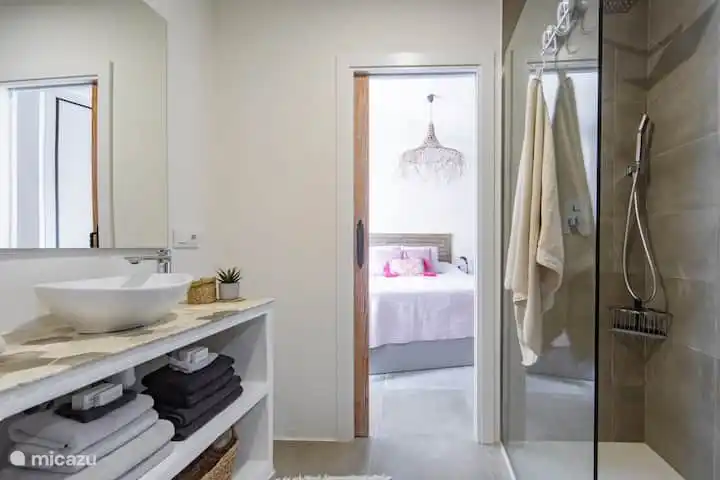 Vous trouverez la première salle de bain entre la chambre 1 et la chambre 2. Celui-ci dispose d'une douche à l'italienne spacieuse, d'un lavabo, d'un grand miroir, de rangements, de serviettes... Les toilettes sont séparées.