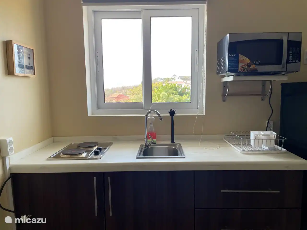 Der Elektroherd und die Spüle der Küche sind auf diesem Foto zu sehen. Und auch die schöne Aussicht aus der Küche. 