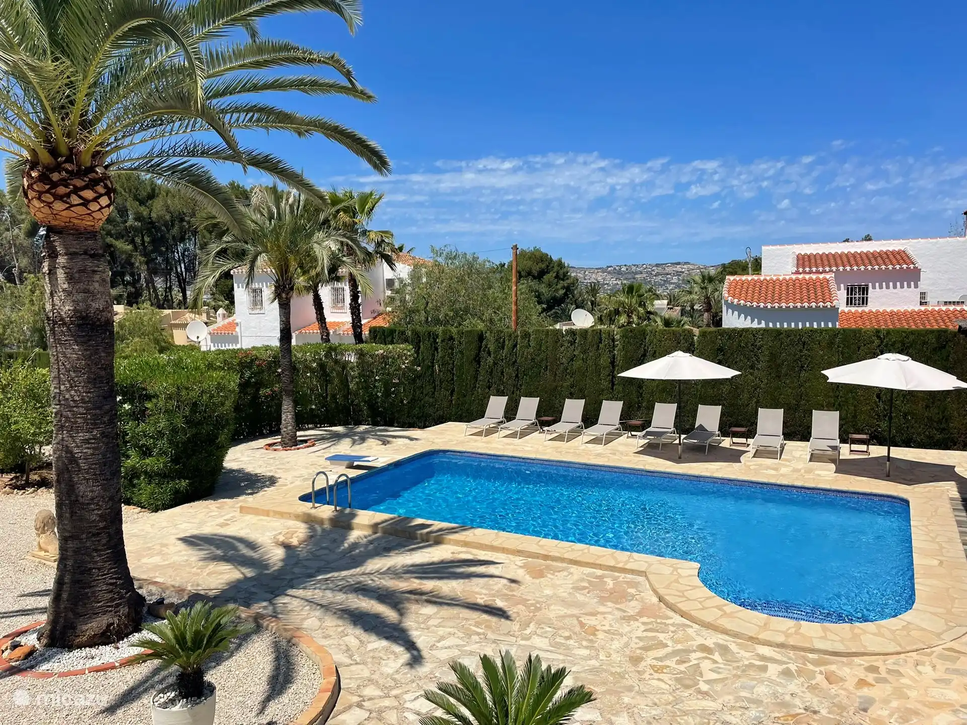 Sun terrace with 8 sunbeds and parasols