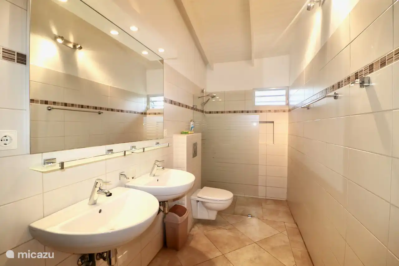 salle de bain luxueuse avec WC suspendu, double vasque et douche à l'italienne