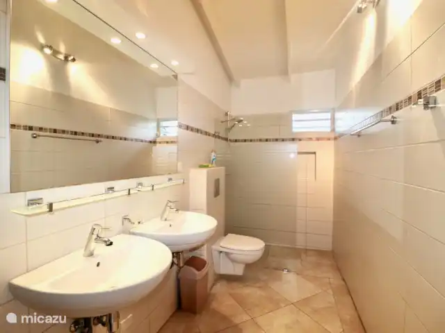 Beau bungalow sur SeruCoral Curaçao | Curaçao, Curaçao-Centre, Partisan du corail - bungalow salle de bain luxueuse avec WC suspendu, double vasque et douche à l'italienne