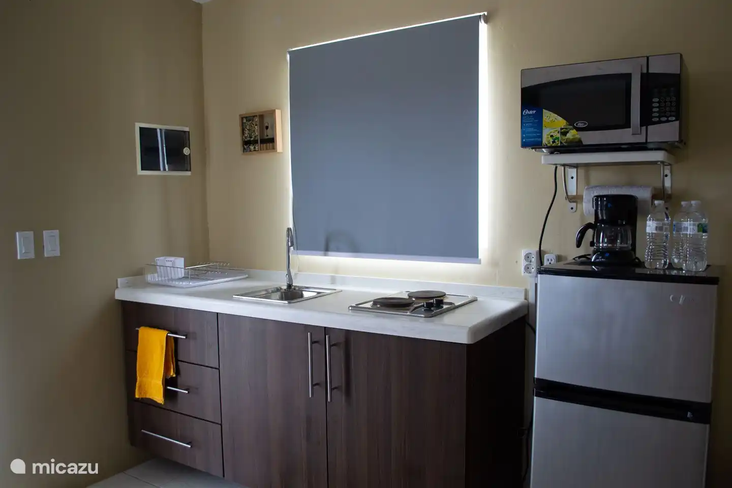 Die Küchenzeile befindet sich mit einem Elektroherd mit Mikrowelle / Backofen und einem kleinen Kühlschrank / Kühlschrank