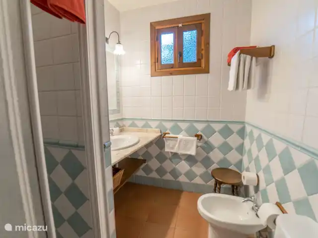 El Valle, casa El Laurel | Espagne, Andalousie, Durcal - maison de vacances 2ème salle de bain à l'étage, avec douche, lavabo, WC et bidet. également : serviettes, papier toilette, savon pour les mains et sèche-cheveux.