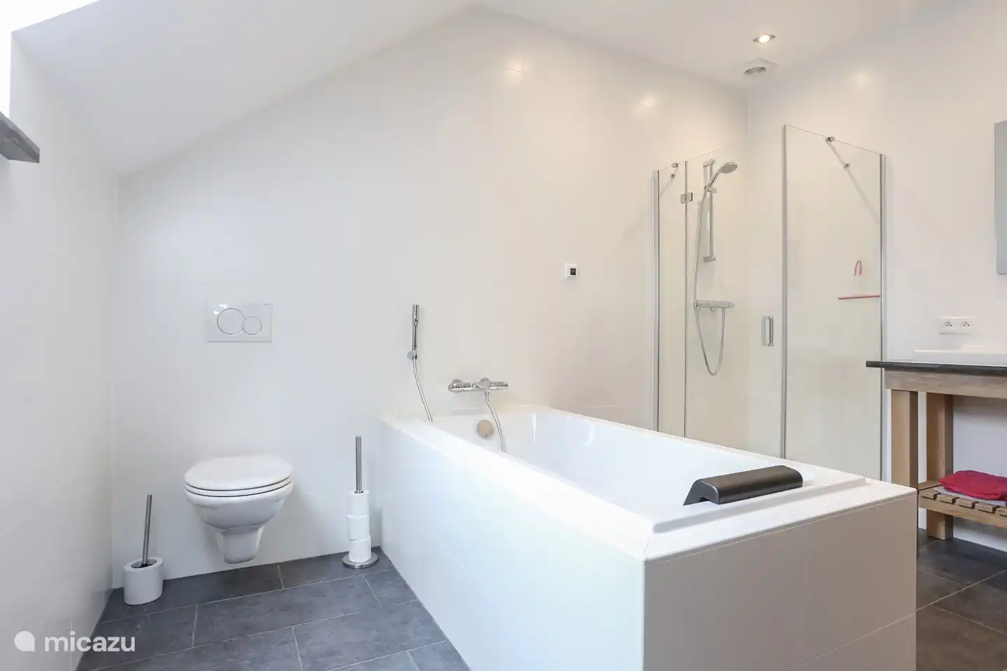 Luxus-Badezimmer mit Badewanne und Dusche und WC und Doppelwaschbecken