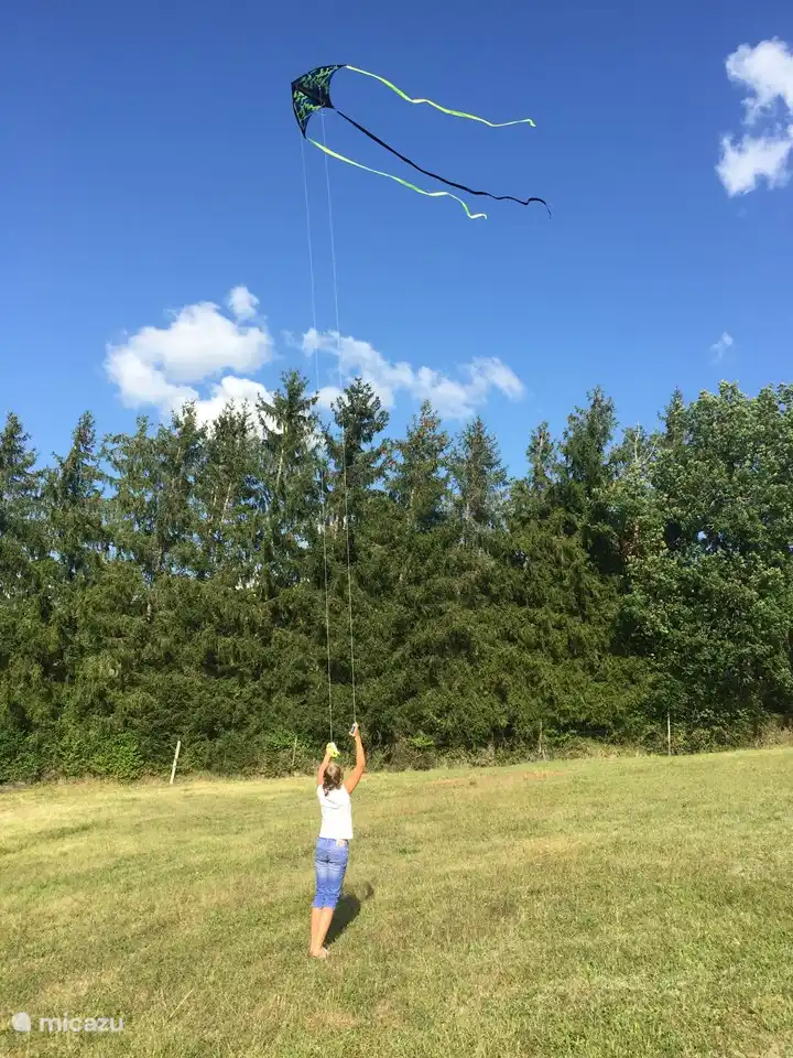 Auf der großen Wiese neben dem Ferienhaus ist genügend Platz zum Drachenfliegen.