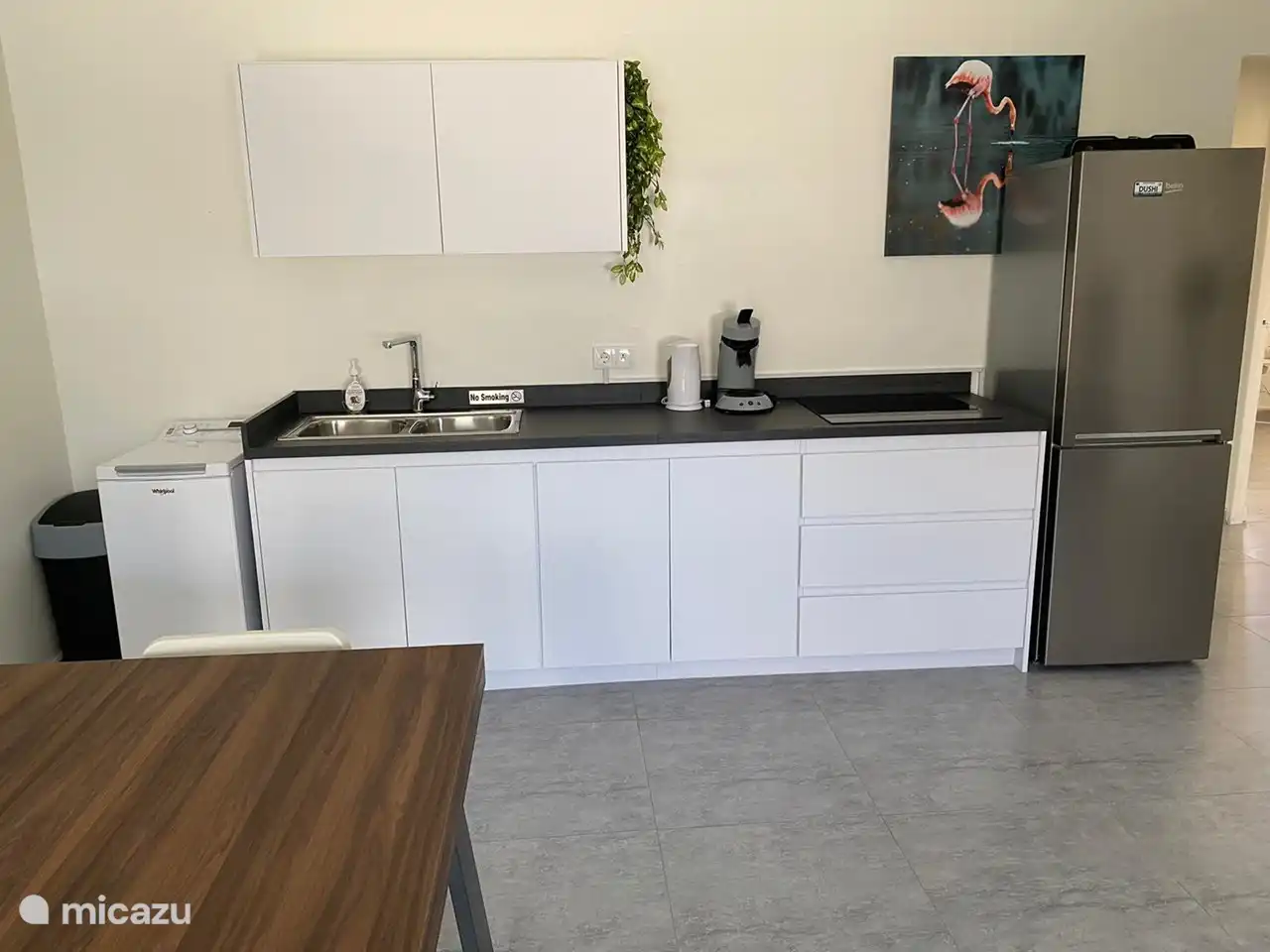 keuken met koffie apparaat, waterkoker, 4 pits inductiekookplaat en de nieuwe wasmachine