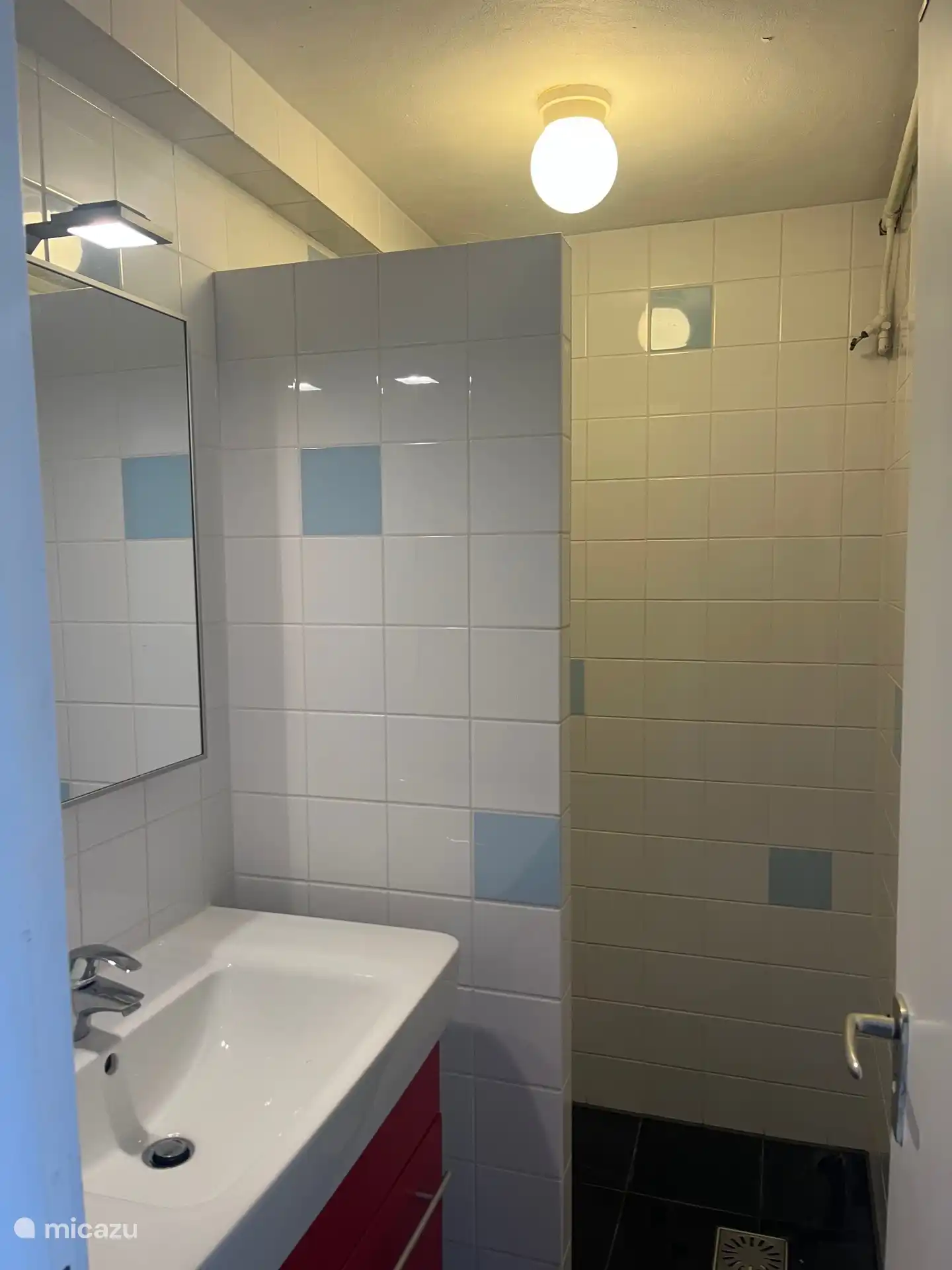 badkamer met douche op de begane grond. Toilet ertegenover.