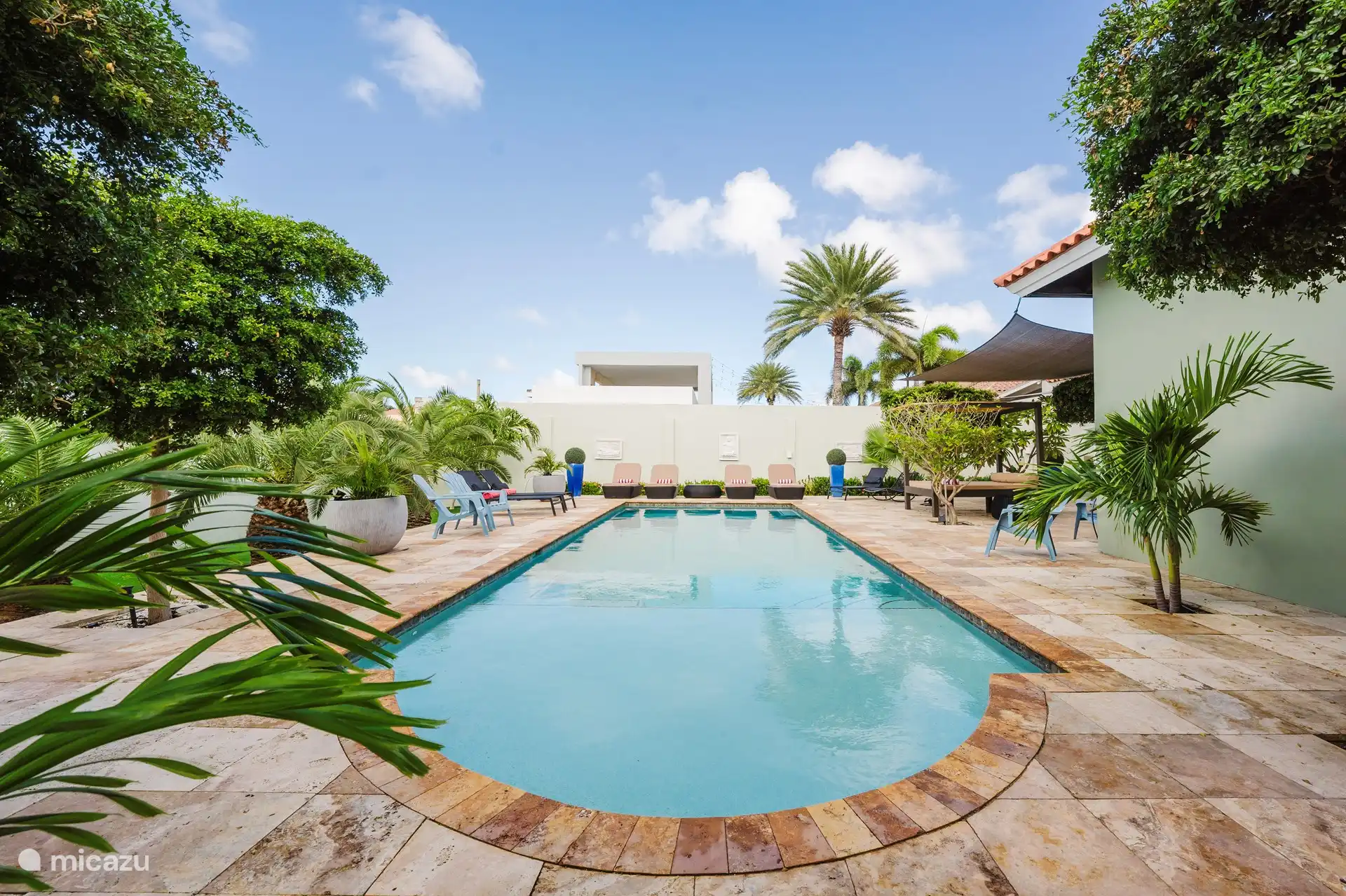 Piscina extra grande con piscina lounge poco profunda y área más profunda con bancos en la piscina para disfrutar del sol