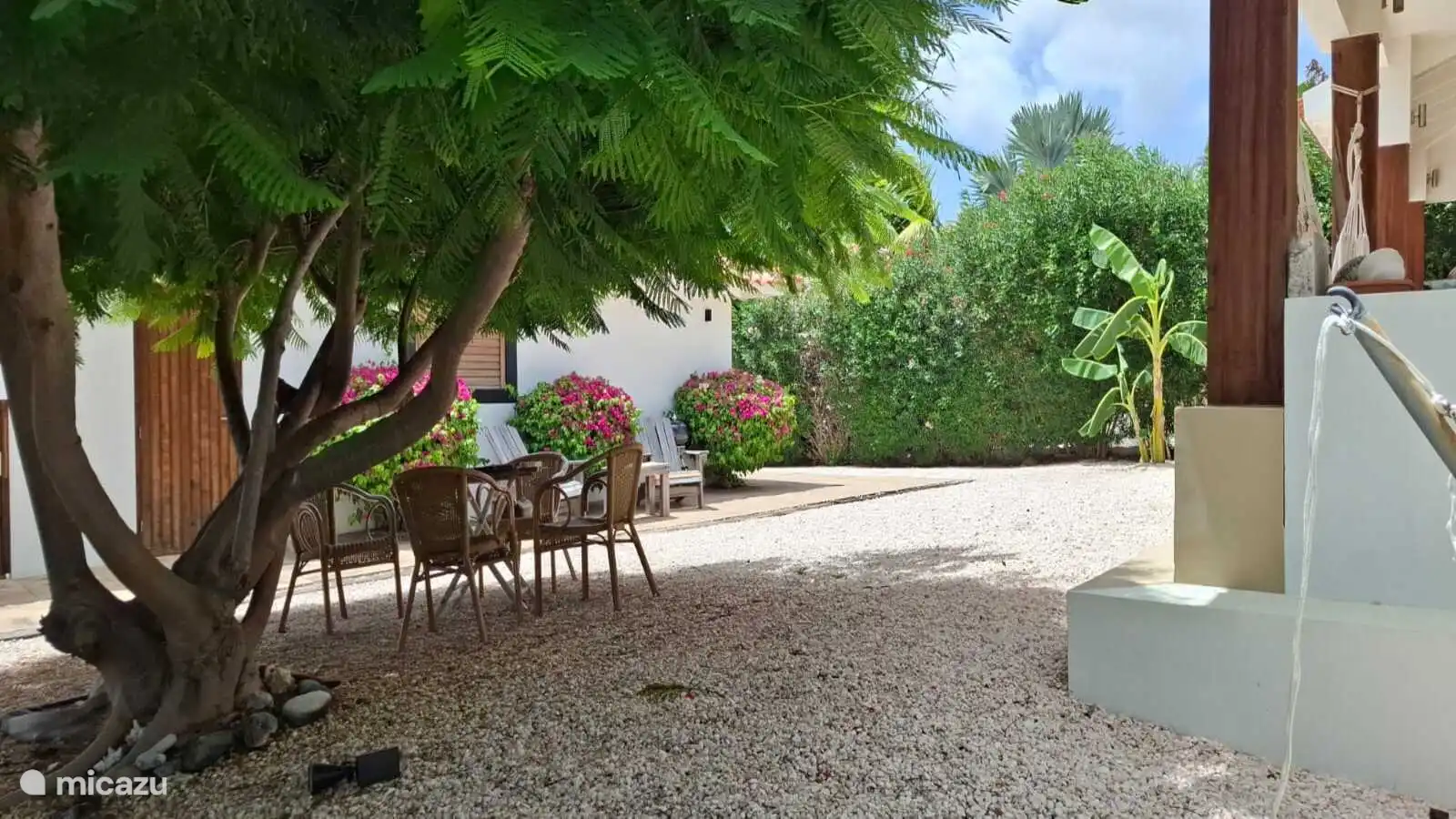 Détendez-vous à l’ombre sous le flamboyant, ou sur la terrasse de l’autre côté au soleil...