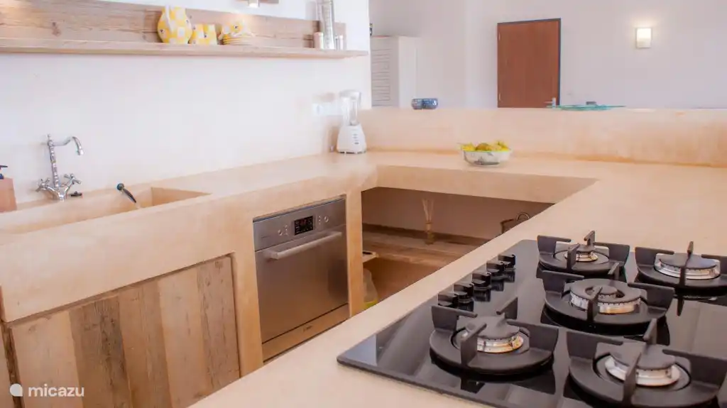 En plus du réfrigérateur américain, la cuisine dispose d'un lave-vaisselle, d'un four mixte, d'une cuisinière à gaz 5 feux, mais aussi bien sûr d'un mixeur, d'une cafetière, d'une bouilloire, etc., etc. et de la vaisselle et des ustensiles de cuisine en quantité suffisante.