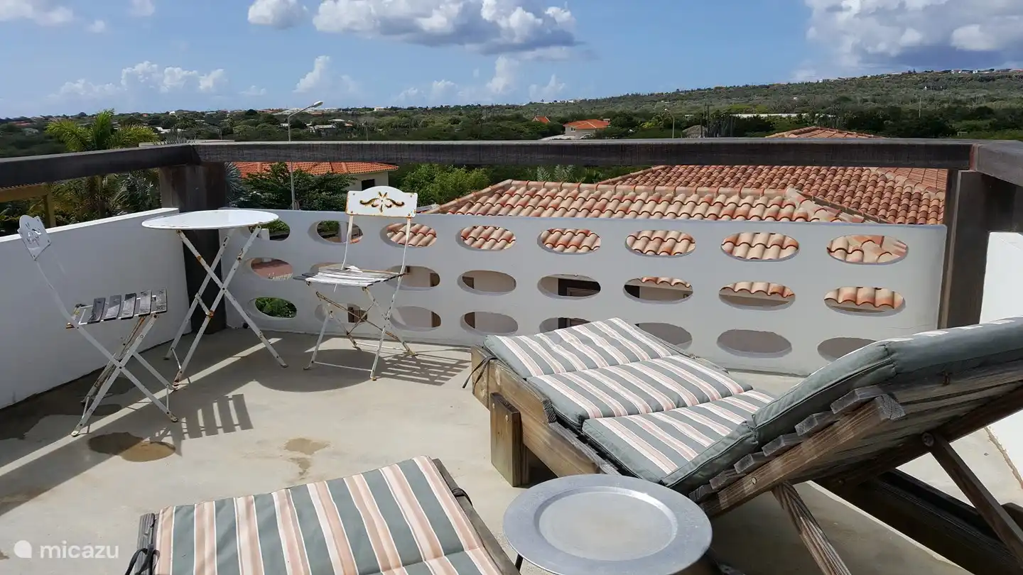 La grande terrasse sur le toit de 20 m2 avec une magnifique vue panoramique à 360 degrés sur le 'kunuku' dans les collines et une vue sur le littoral, avec ses bateaux de croisière, à l'horizon. Sur le toit-terrasse, vous pourrez profiter du magnifique lever et coucher de soleil bonairien depuis une chaise longue.