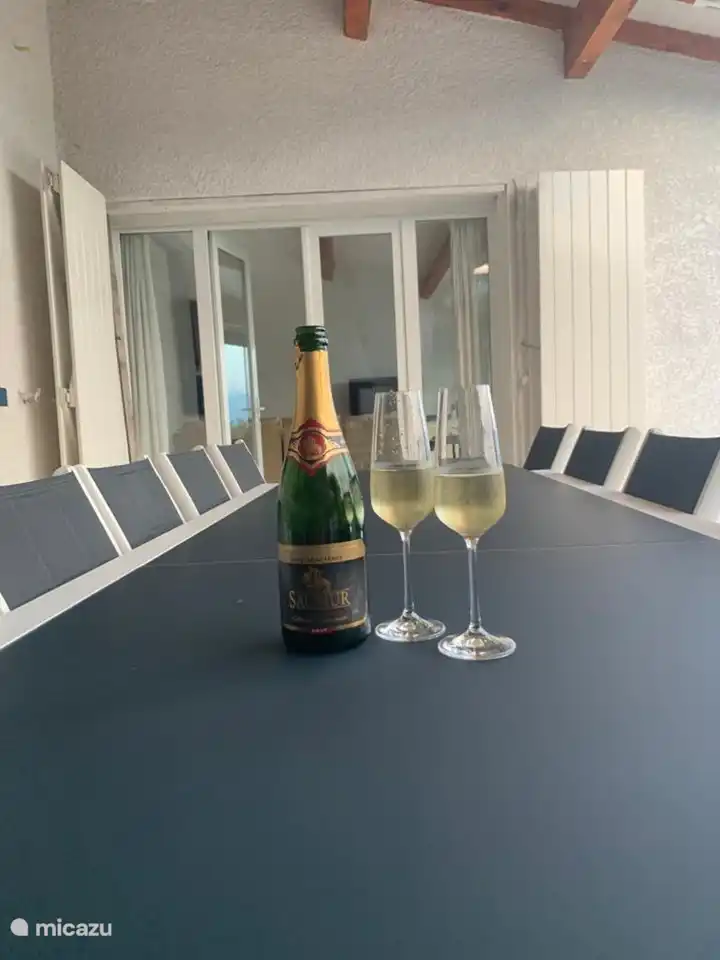 Gartentisch mit Blick auf das Wohnzimmer und Sommerblasen aus der Region Saumur