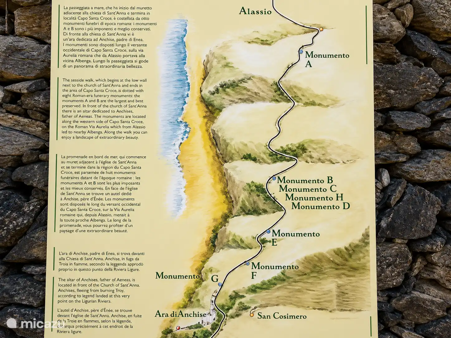 De Via Julia Augusta. Een Romeinse weg tussen Albenga en Alassio. Je wandelt her tussen romeinse monumenten, met onderweg mooie vergezichten en flora.