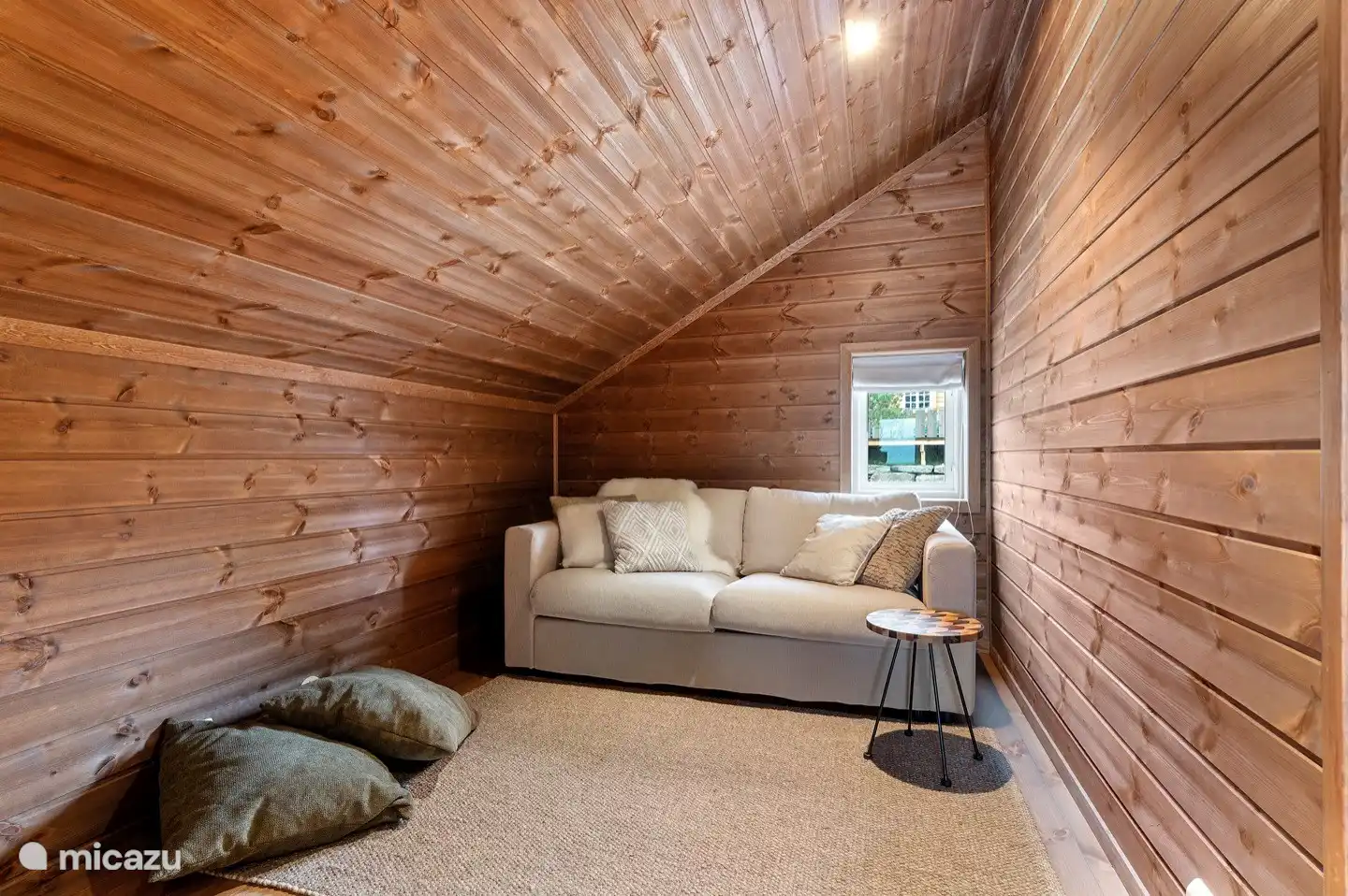 Séjour à l'étage avec TV et canapé convertible.