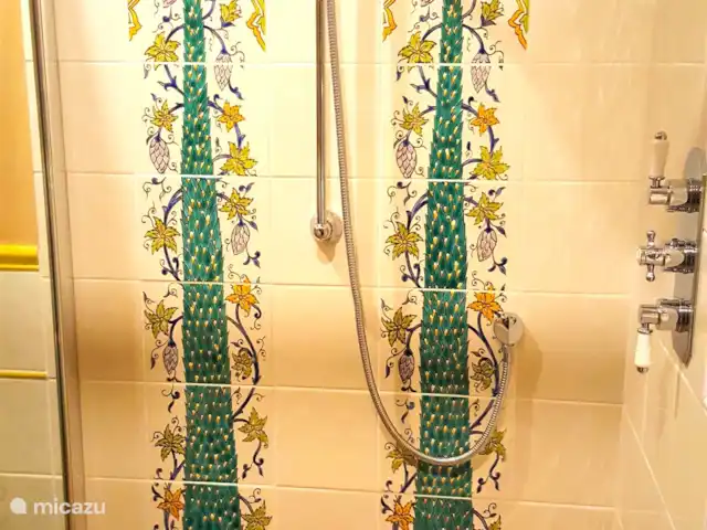 casa vacacional en Países Bajos, Barbante Septentrional, Kaatsheuvel – El mochuelo de Ketse una pared trasera de cipreses italianos pintados a mano. Los accesorios de ducha vienen de Inglaterra nuevamente. Un conjunto precioso.