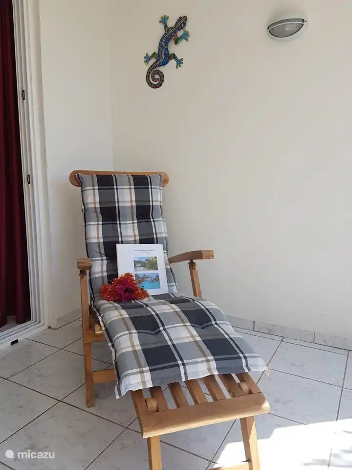 Une chaise longue est disponible sur la terrasse.