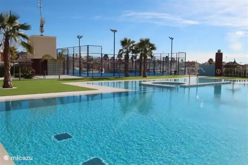 Piscina con pista de padel al fondo.