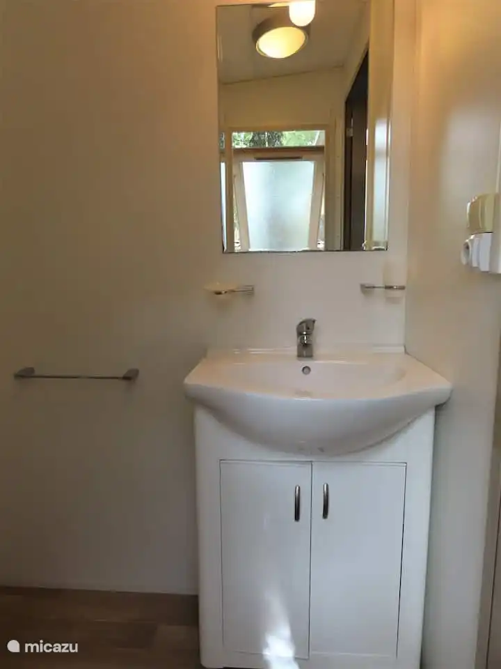 Badkamer met douche en wastafel