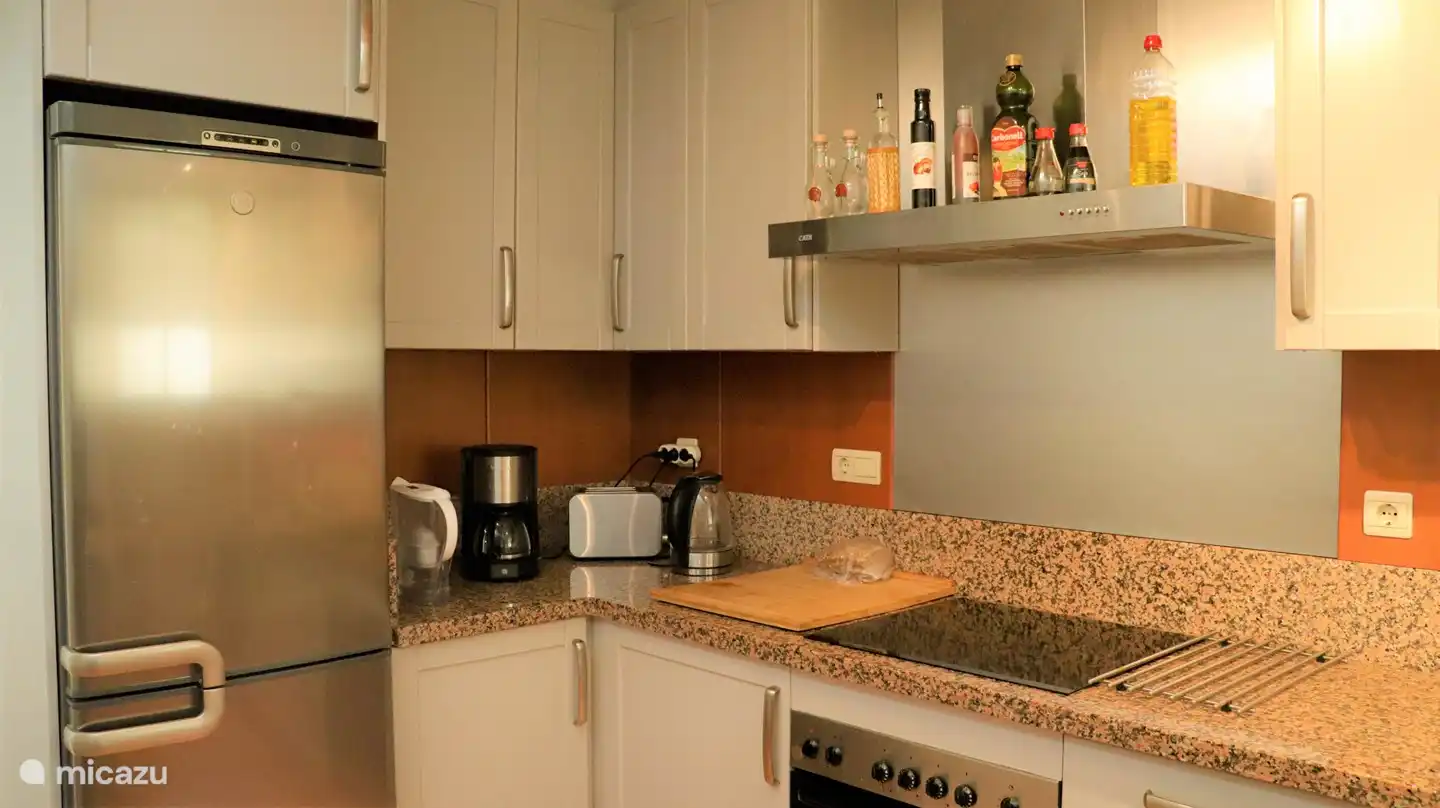 geräumige Küche mit Induktionskochfeld, Backofen, Kühl- und Gefrierschrank, Kaffeemaschine, Wasserkocher und Toaster