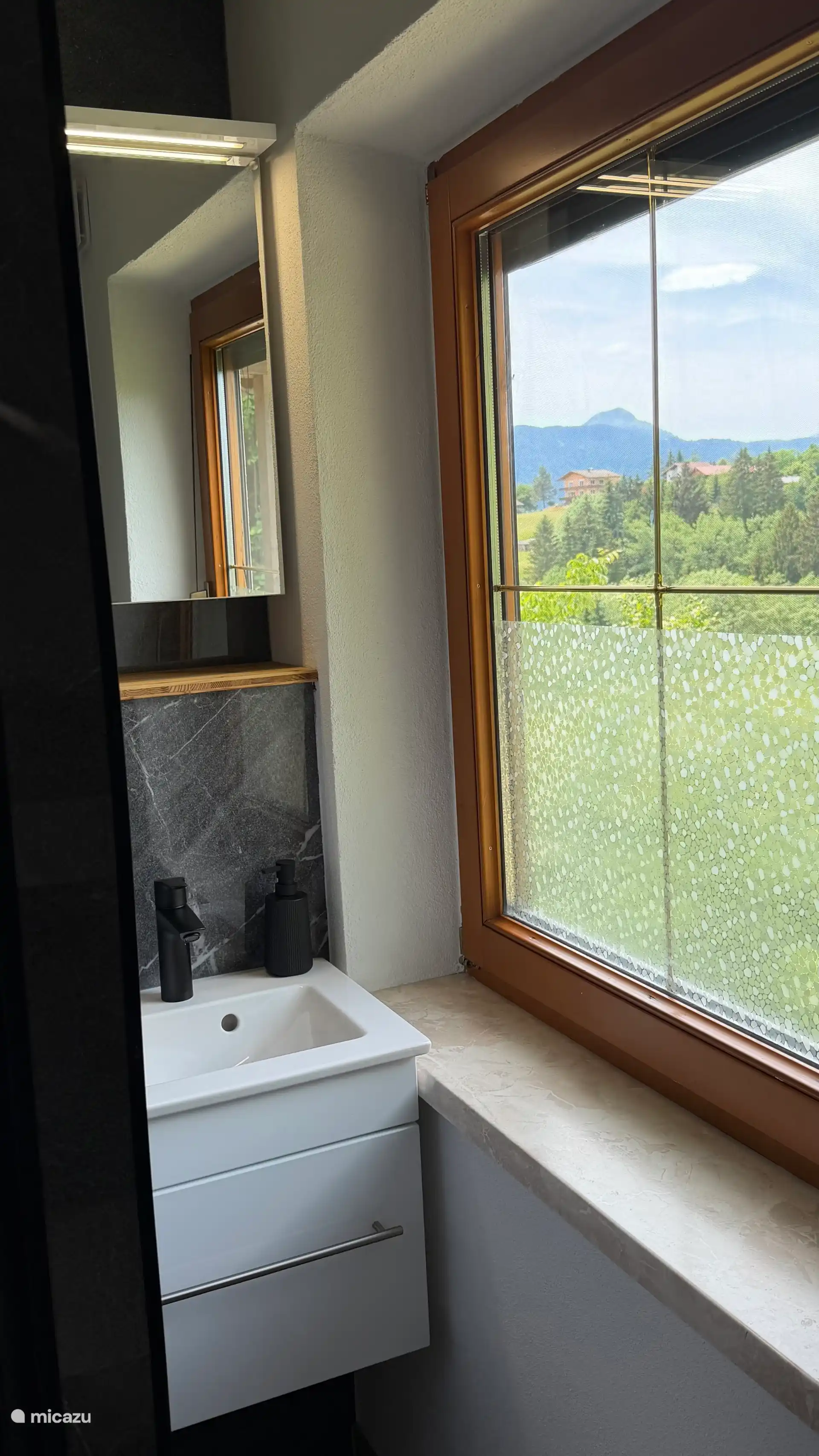Beneden is nu ook een nieuwe badkamer met douche, toilet, badmeubel, met zicht naar buiten
