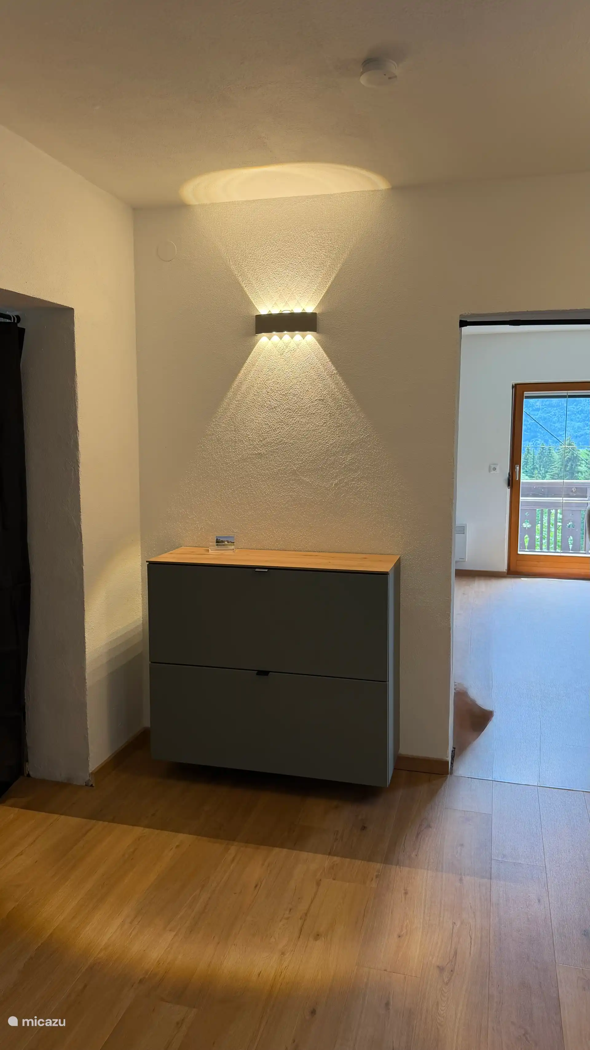 De hal met nieuwe verlichting, garderobe en meubels 