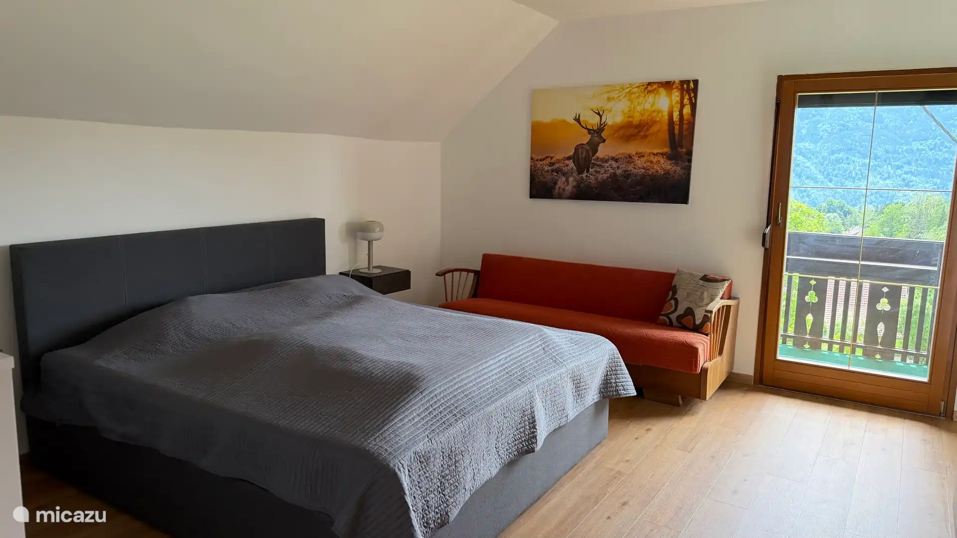 Ruime slaapkamer met boxspring 180 x 200 Grote ruime kledingkast, kamer met balkon met zicht op de tuin, de Oostenrijkse, Italiaanse en Sloveense bergen