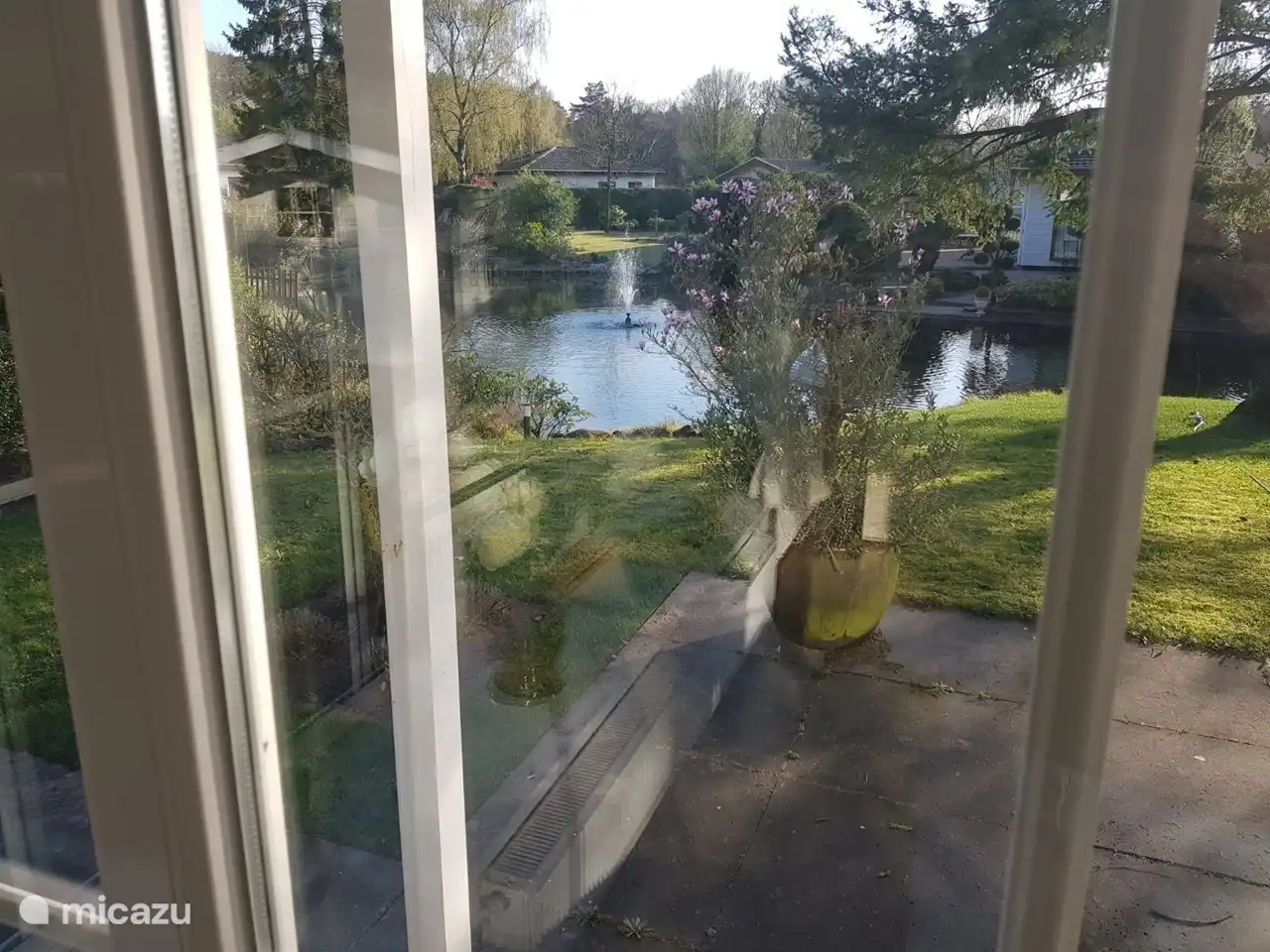 View from the lounge on the garden and pond