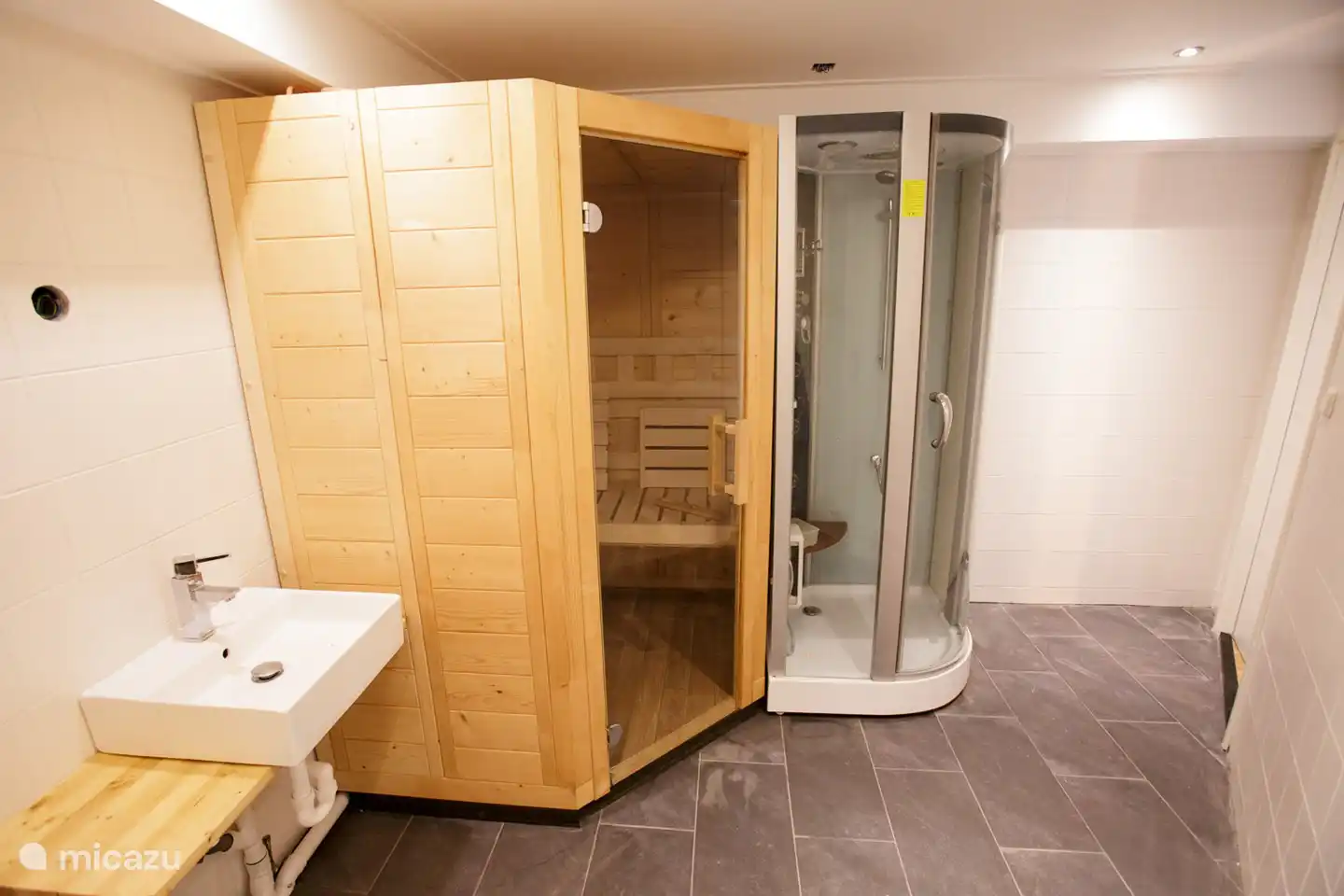 spacious bathroom with toilet, sauna and steam shower on the ground floor