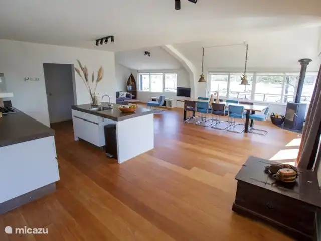 Villa de vacances spacieuse sur le lac frison | Pays-Bas, Frise, Eernewoude - villa Séjour avec cuisine spacieuse et îlot de cuisson.