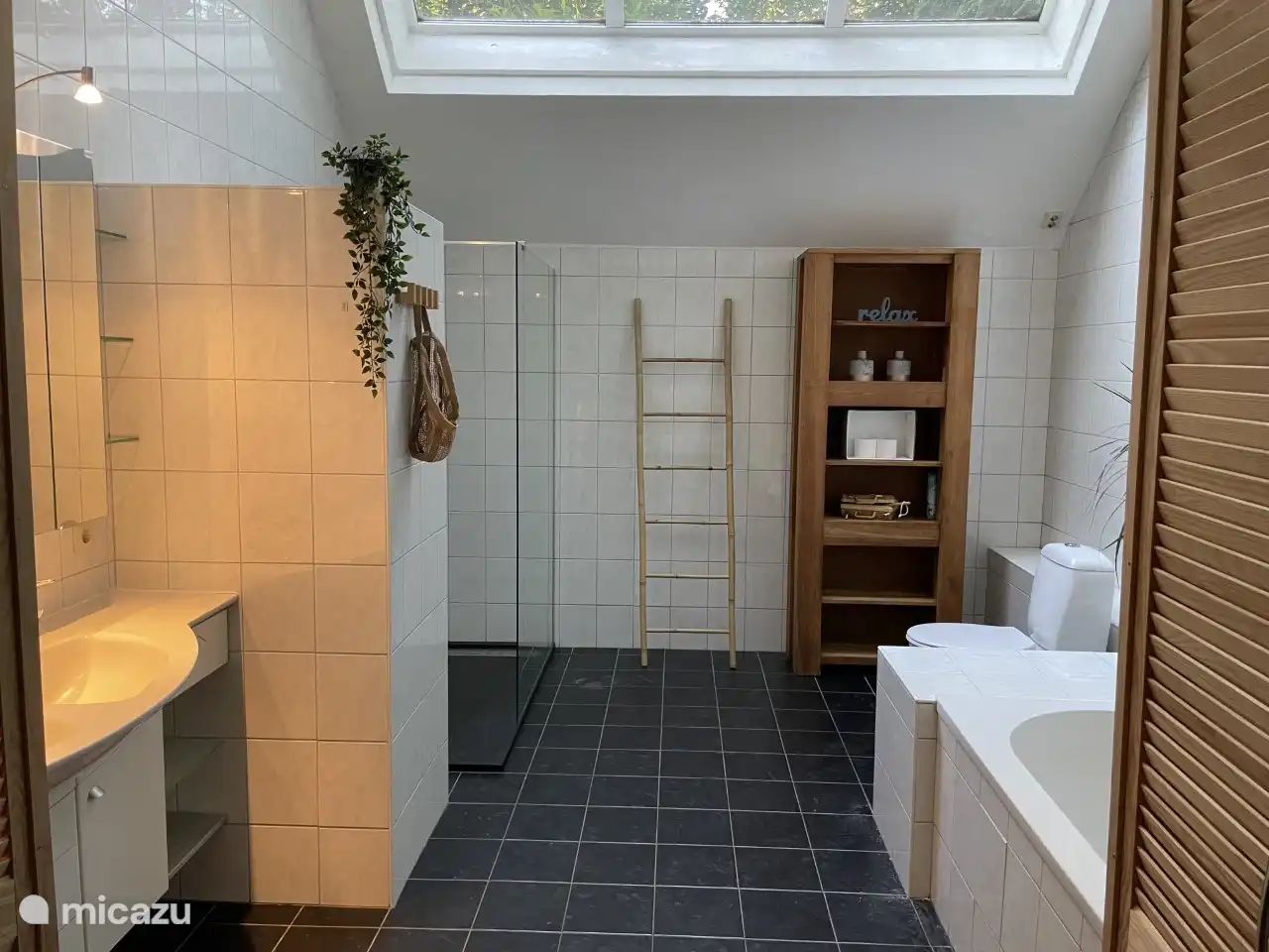 wieder das Badezimmer mit ebenerdiger Dusche, Toilette mit zwei Waschbecken und Whirlpool für 1 Person mit Düsen, Blasen und Licht