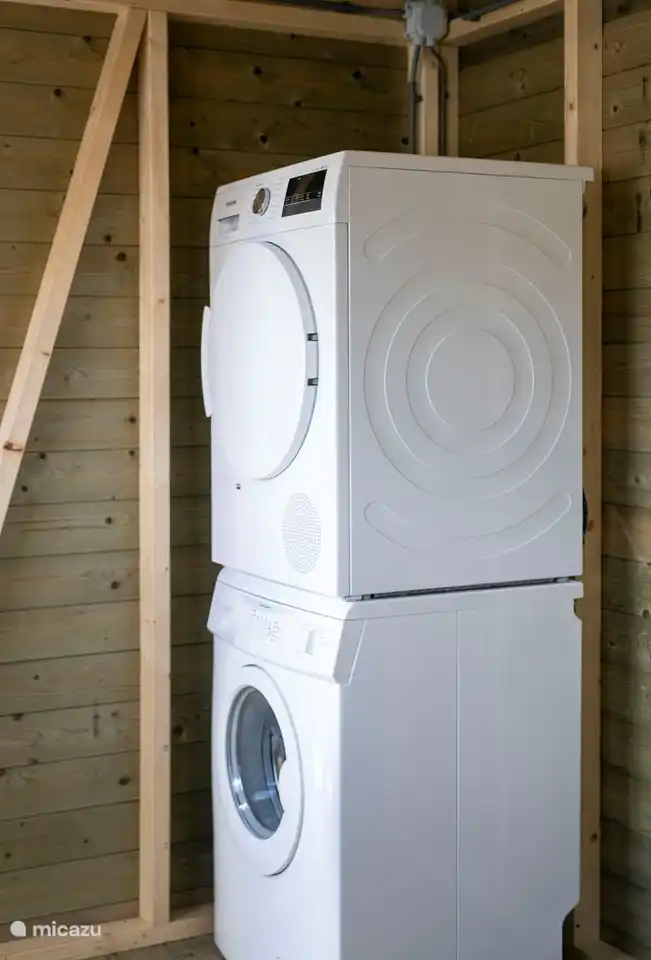 Lave-linge et sèche-linge dans abri de jardin séparé.