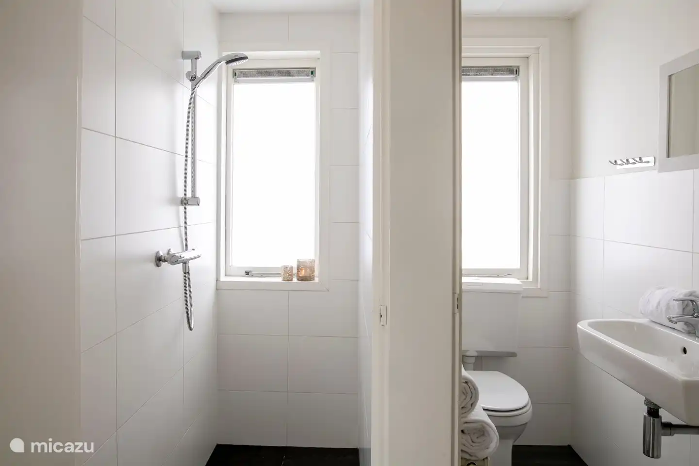 Douche et WC avec lavabo et deux espaces séparés.