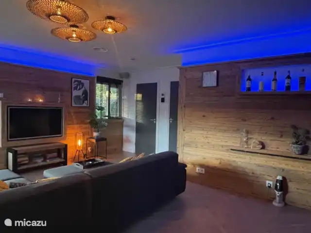 Luxury Garden Lodge Avec Climatisation + Sauna | Pays-Bas, Overijssel, Denekamp - bungalow Salon d'ambiance avec éclairage indirect.