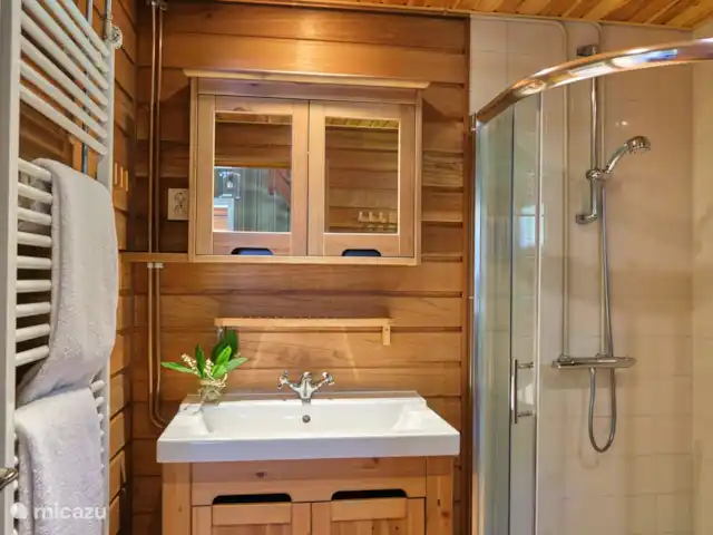Darthuizer Lodge en Países Bajos, Utrecht, Leersum - casa vacacional El baño con ducha está equipado con lavadora Miele.