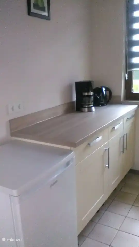 Linker Küchenbereich mit Kühlschrank, Kaffeemaschine und Wasserkocher. Ausreichende Leckereien.