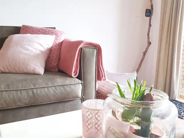Appartement Plage Retour à la Côte | Pays-Bas, Hollande du Nord, Callantsoog - appartement L'attention est portée sur de beaux accessoires qui donnent à l'appartement une atmosphère et un aspect luxueux. Nouveau canapé 2,5 places vert olive avec méridienne et coussins vieux rose pour se détendre.