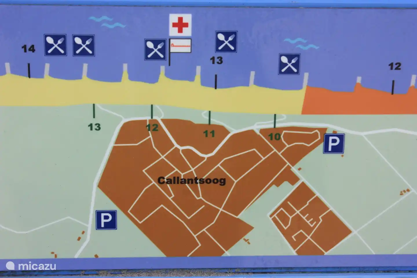 Beach information. To the left of beach pole 14 is the nudist beach.