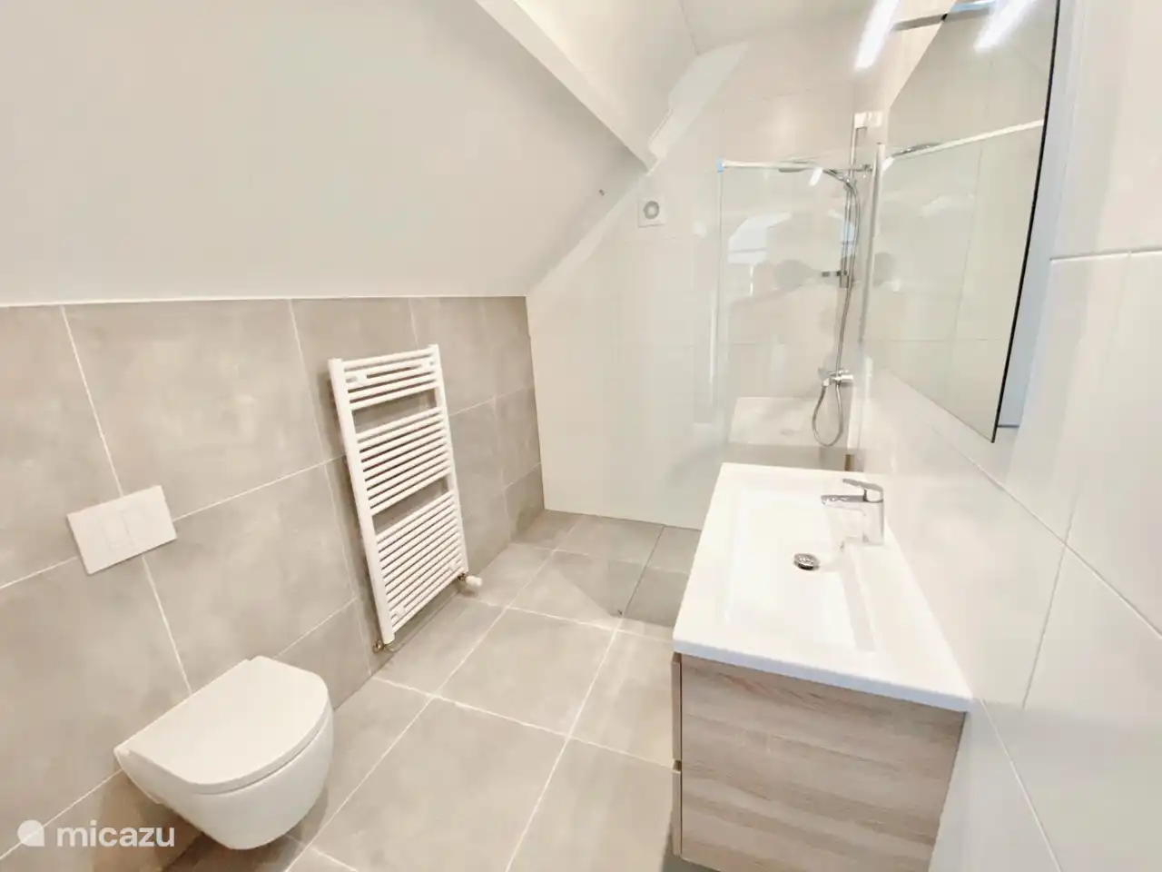 Großes Badezimmer mit ebenerdiger Dusche.