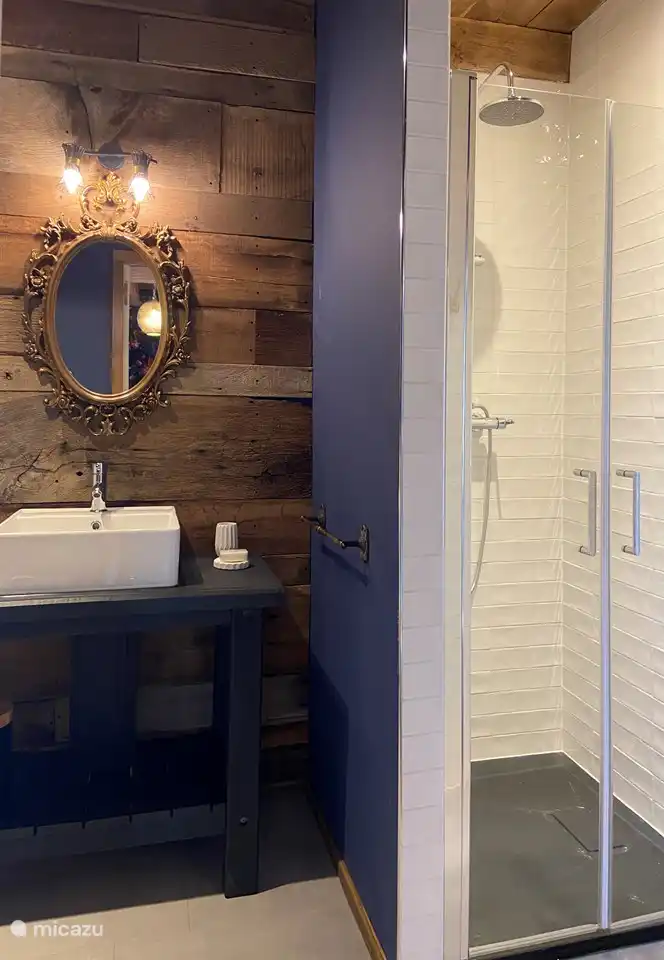 Eines der Badezimmer mit Waschbecken und Dusche