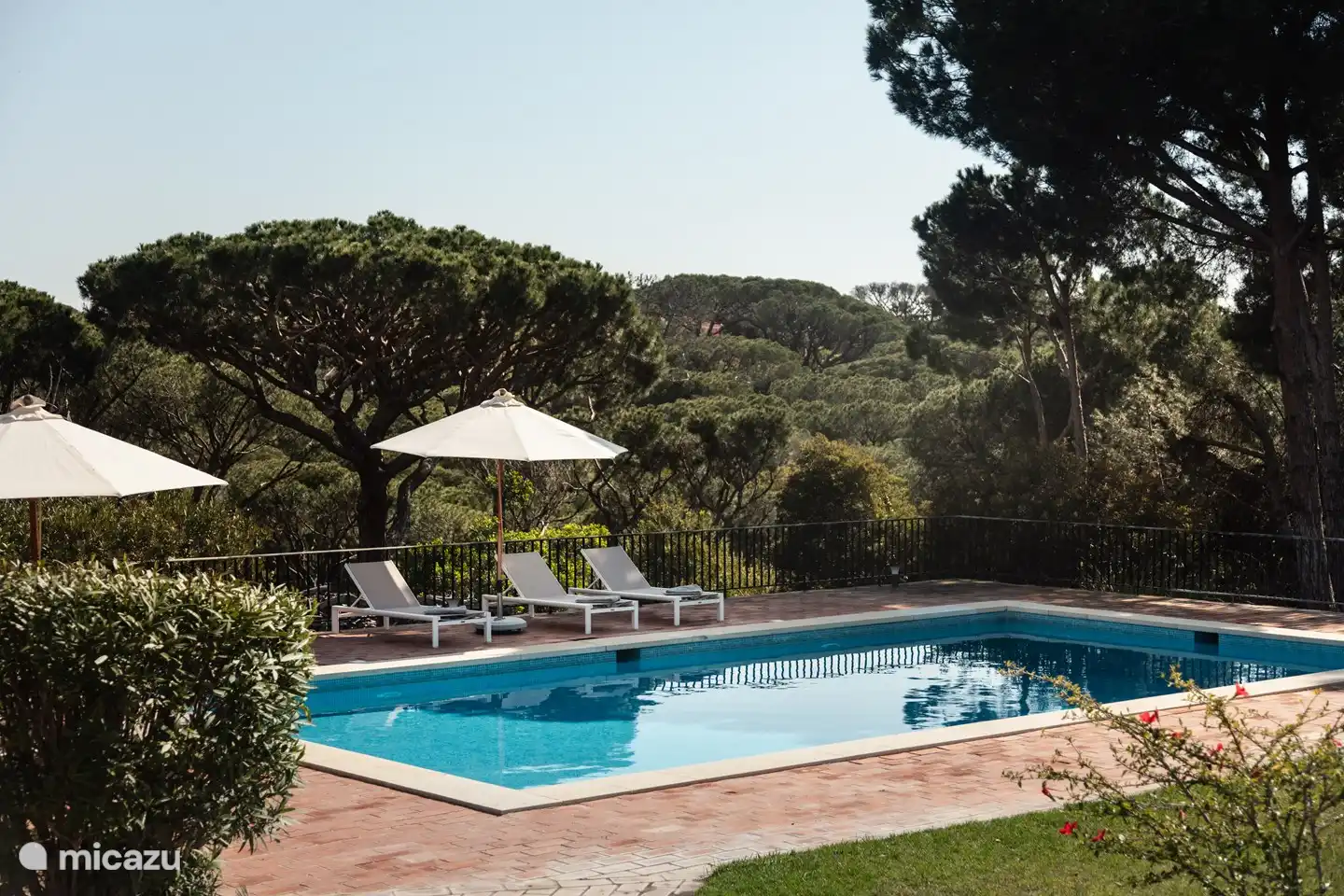 Schwimmbad in Ruhe mit Liegestühlen und Sonnenschirmen