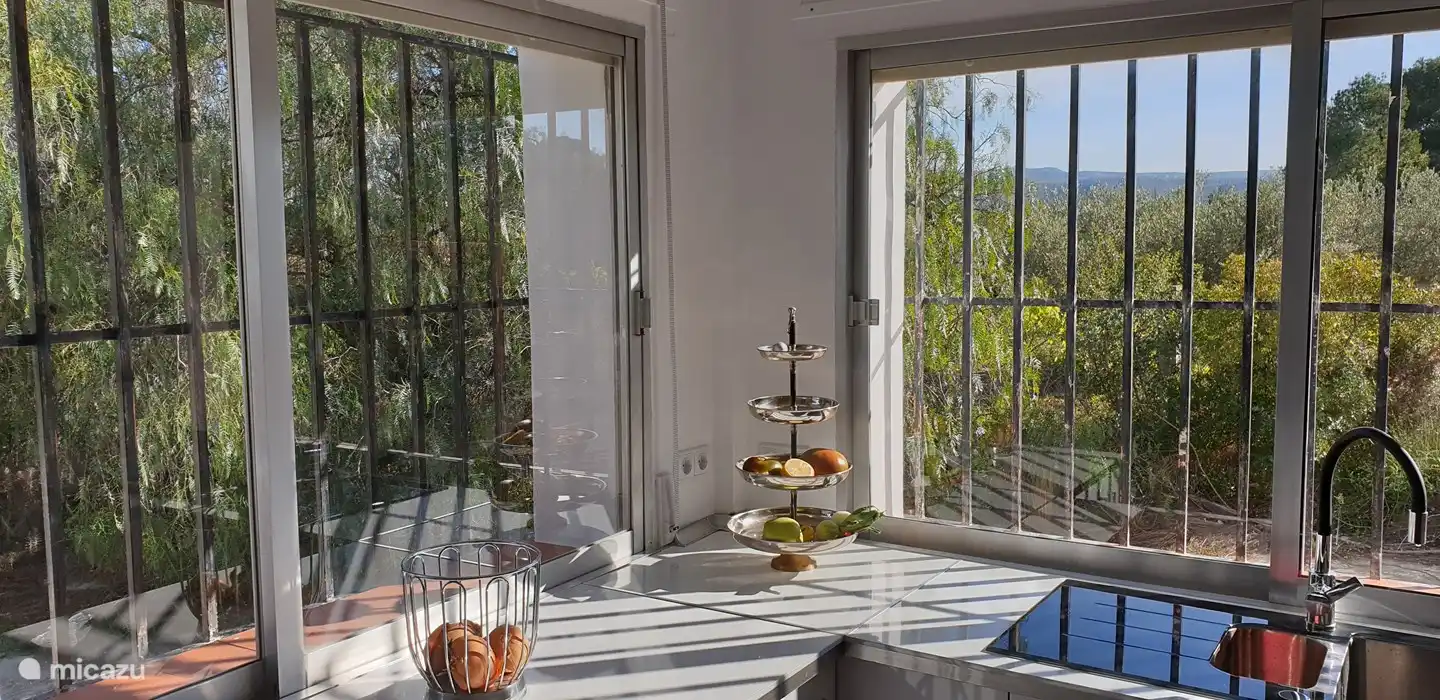 Die schöne Aussicht von der Küche auf den Olivenhain.