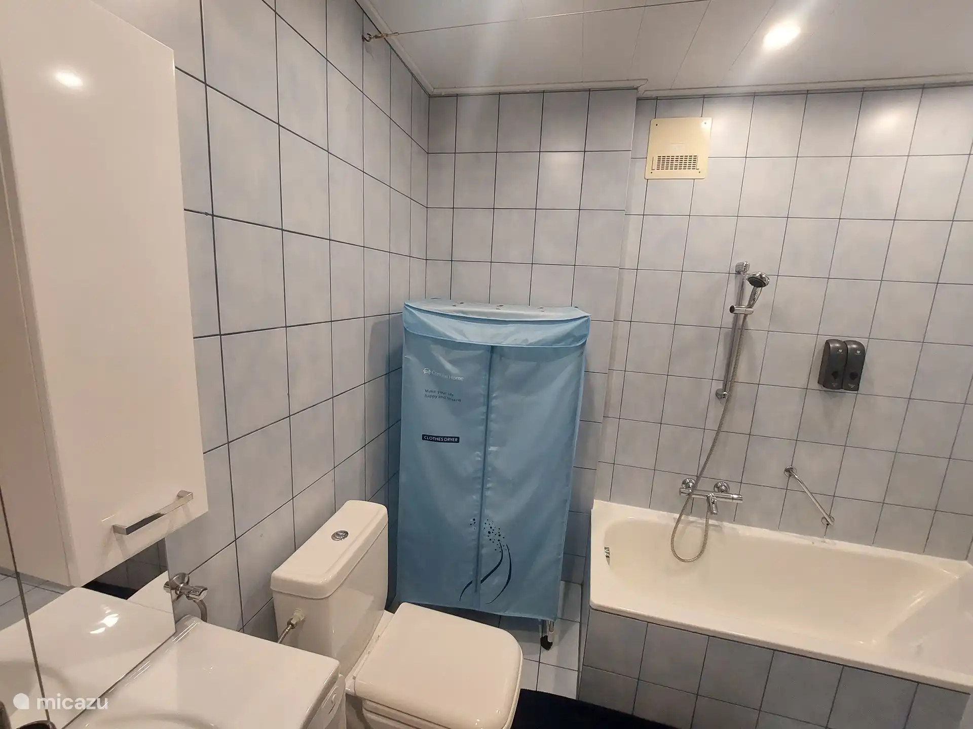 Salle de bain avec douche au-dessus de la baignoire