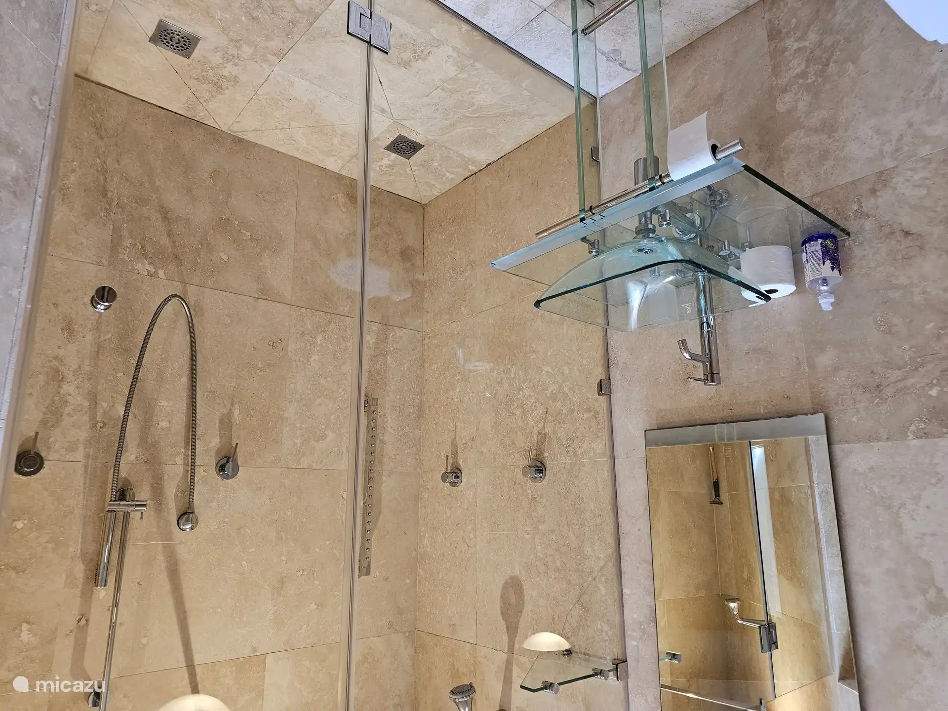 Salle de bain au rez-de-chaussée avec douche massante, toilettes et lavabo